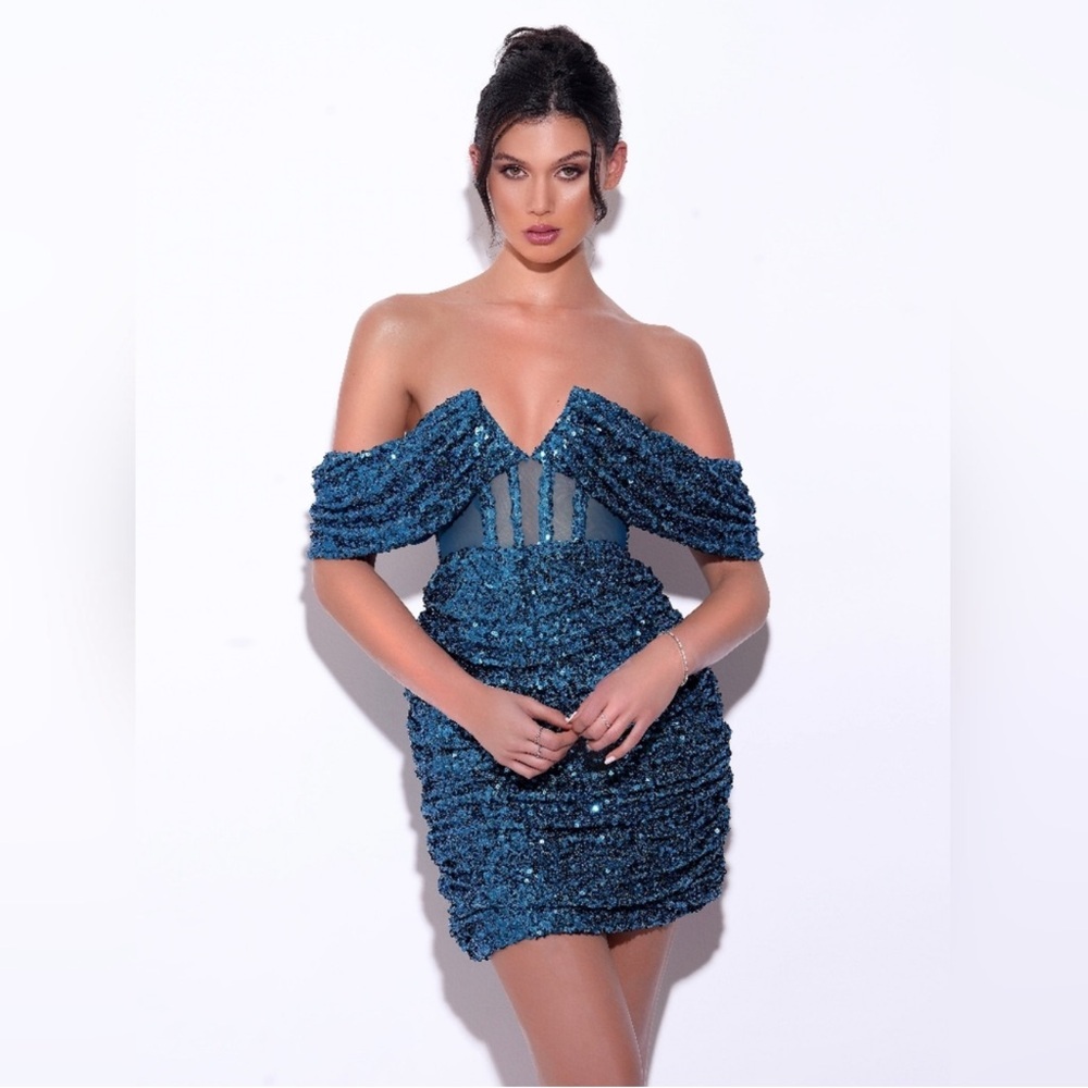 NWT Miss Circle Teal Blue‎ Sequin Off Shoulder Corset Dress HOCO Prom Formal